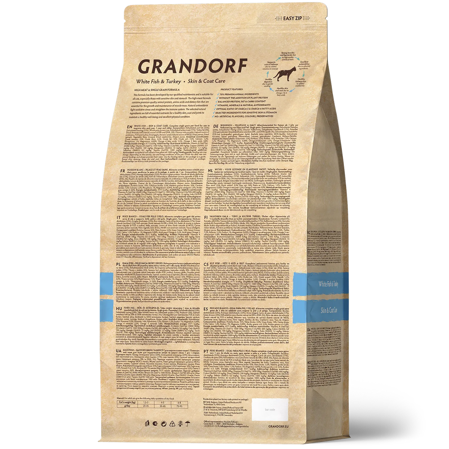 Hrana uscata pentru pisici Grandorf, cu Peste Alb, pentru Pisici Adulti Indoor, Skin & Care