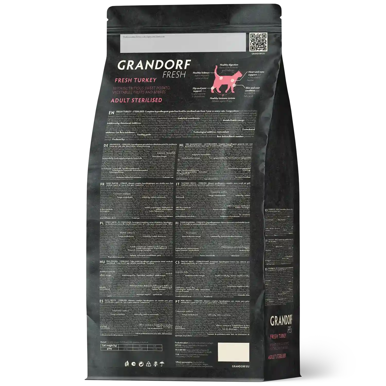 Hrana uscata pentru pisici Grandorf, cu Carne de Curcan Proaspata si Cartofi Dulci, pentru Pisici Sterilizate sau Seniori, aspect produs