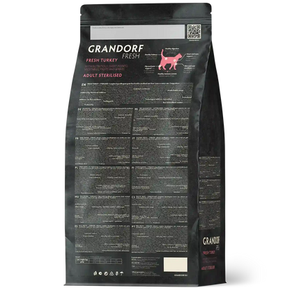 Hrana uscata pentru pisici Grandorf, cu Carne de Curcan Proaspata si Cartofi Dulci, pentru Pisici Sterilizate sau Seniori, aspect produs