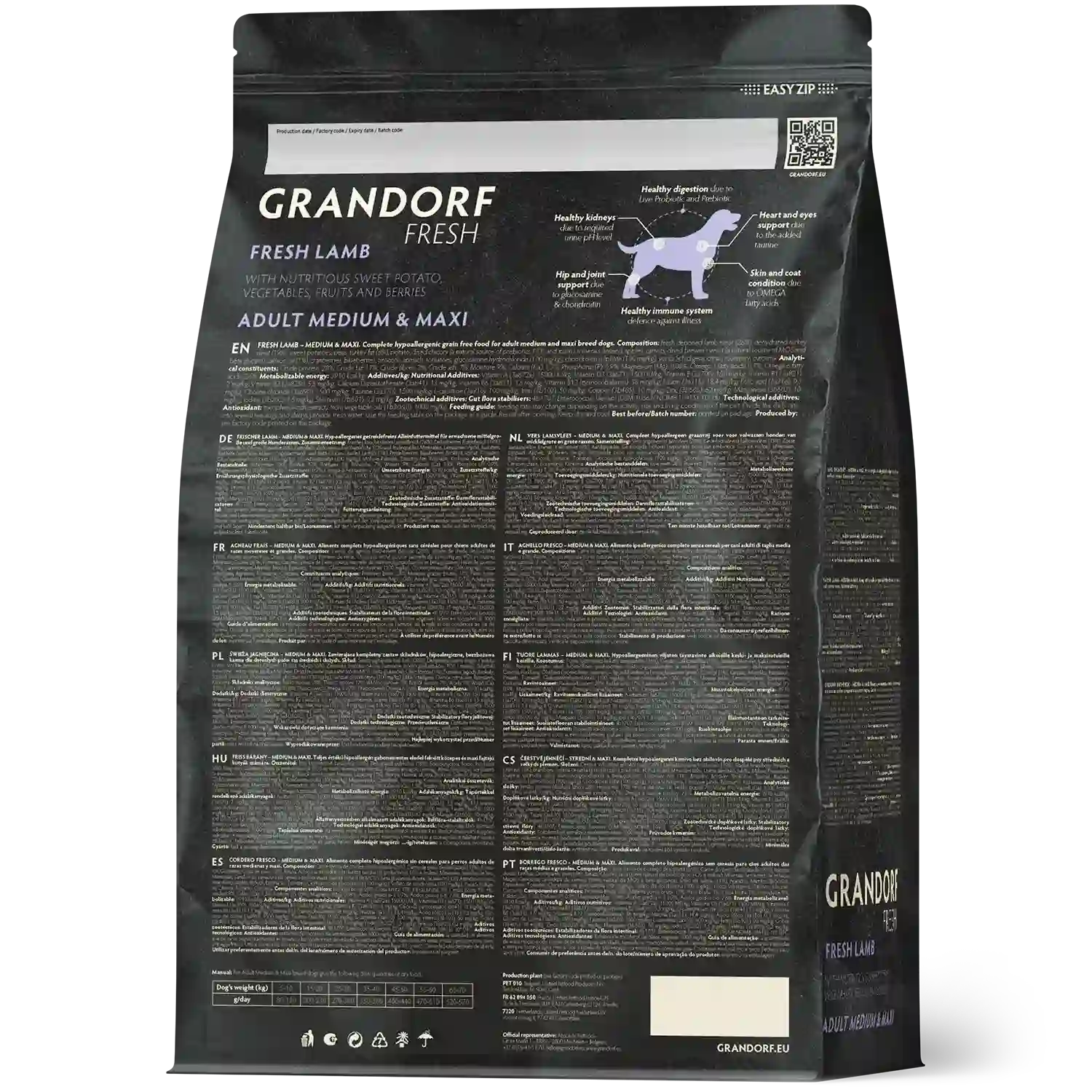 Hrana uscata pentru câini Grandorf, Carne proaspata de miel cu cartof dulce, pentru rase medii si mari, aspect produs