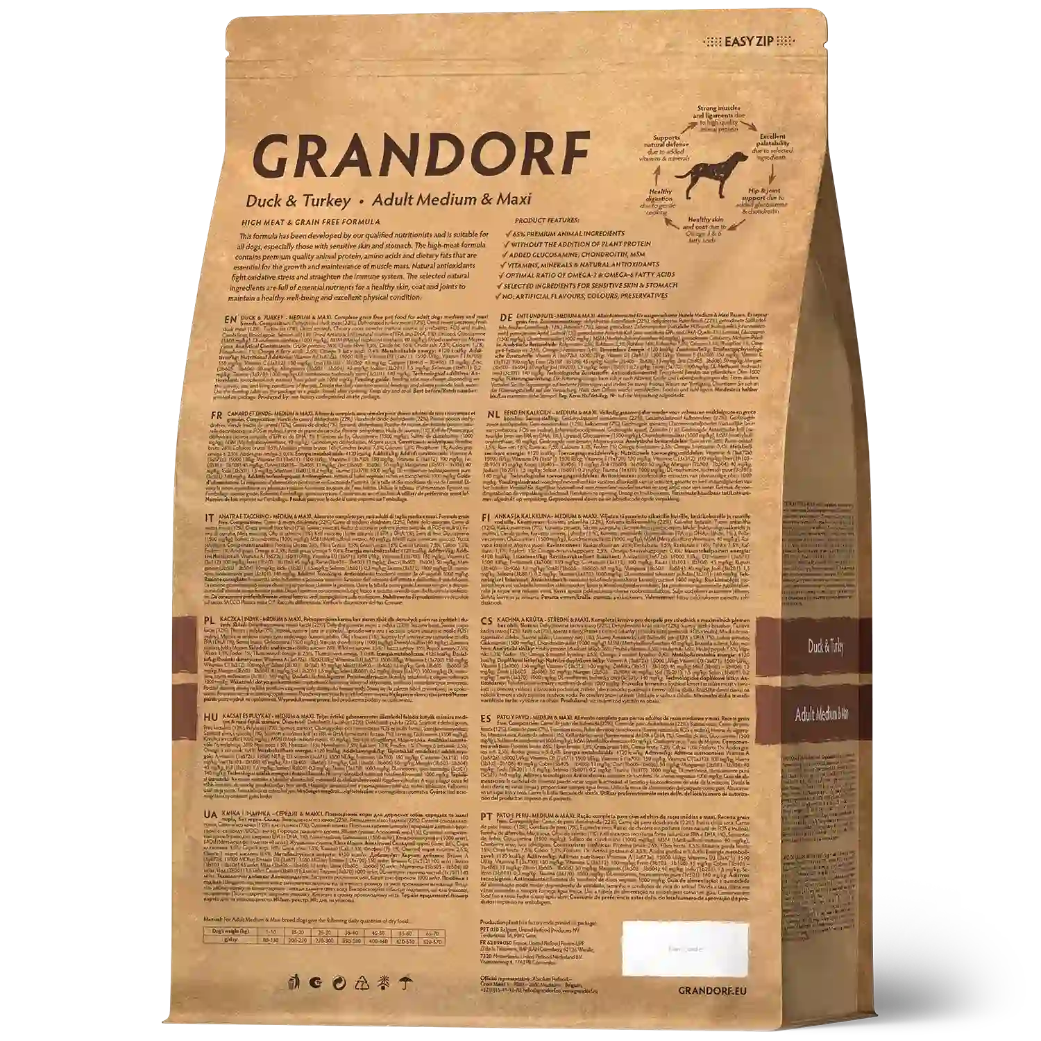 Hrana uscata pentru câini Grandorf, Rata si Curcan, pentru rase medii si mari, aspect produs