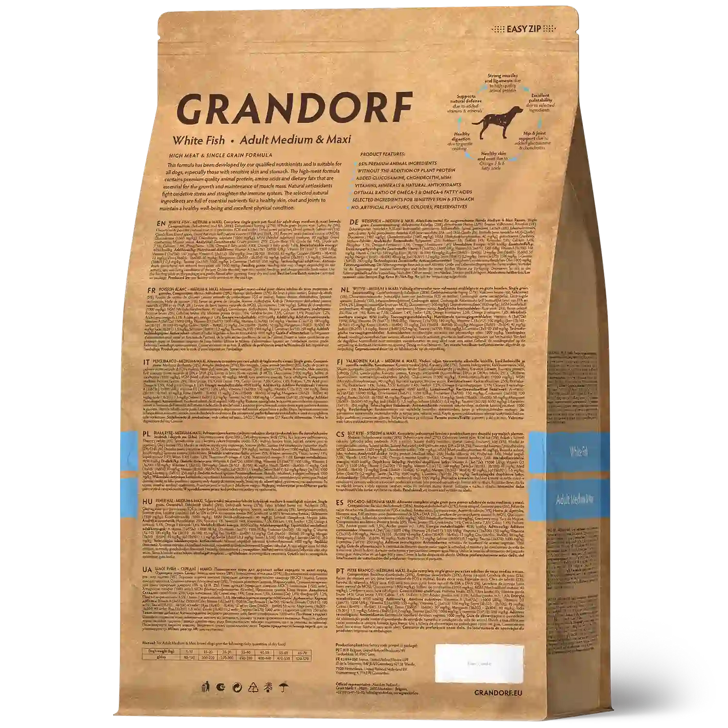 Hrana uscata pentru câini Grandorf, Peste alb, pentru rase medii si mari, aspect produs