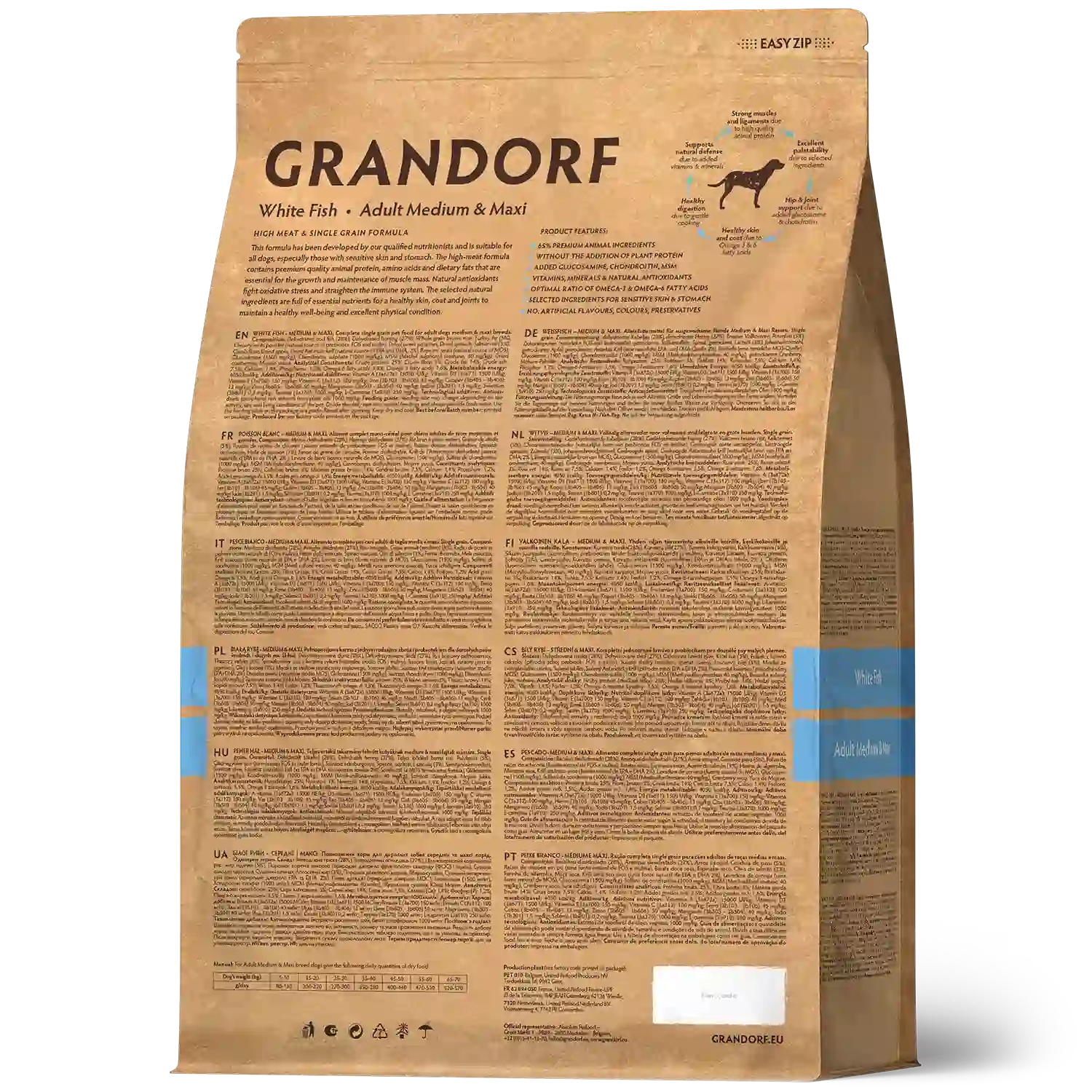 Hrana uscata pentru câini Grandorf, Peste alb, pentru rase medii si mari, aspect produs