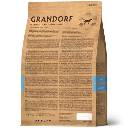 Hrana uscata pentru câini Grandorf, Peste alb, pentru rase medii si mari, aspect produs