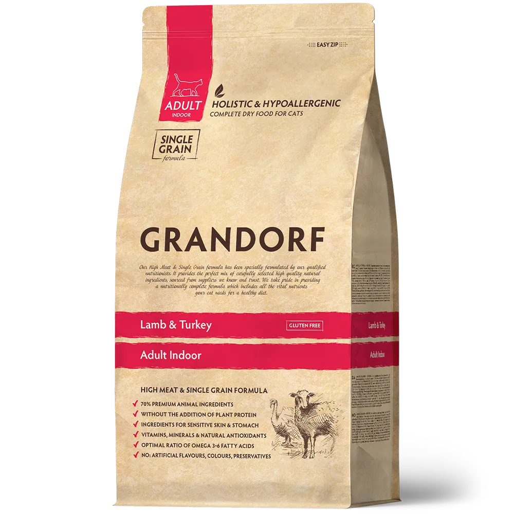 Hrana uscata pentru pisici Grandorf, cu Miel & Curcan, pentru Pisici Adulti Indoor