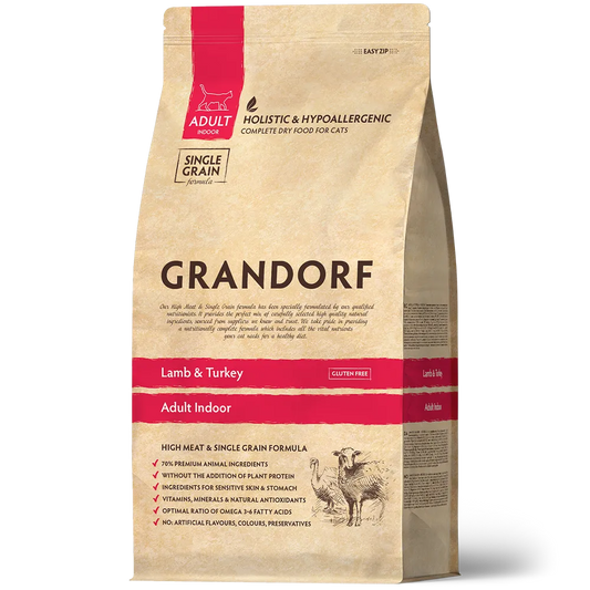 Hrana uscata pentru pisici Grandorf, cu Miel & Curcan, pentru Pisici Adulti Indoor
