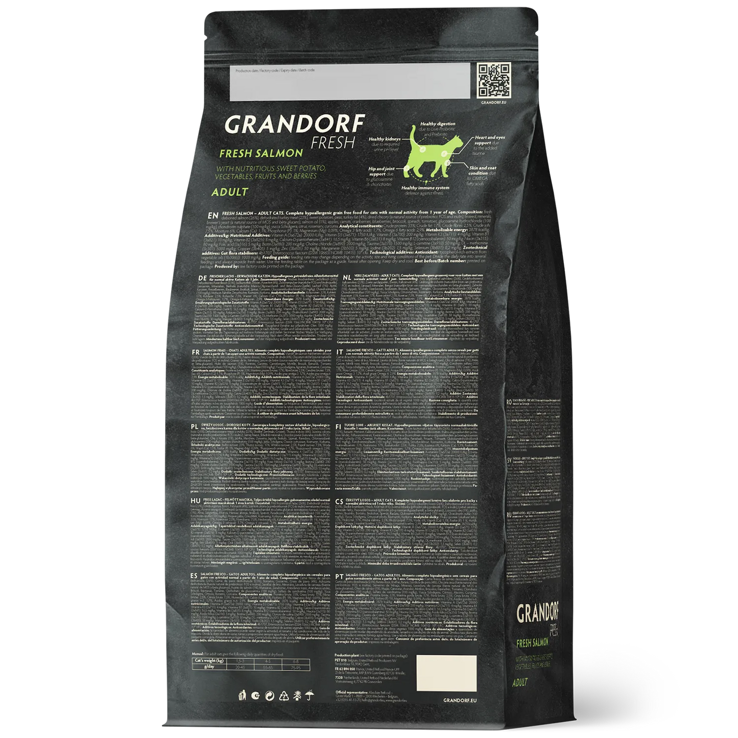 Суха храна за котки Grandorf с пресни филета от сьомга и сладки картофи за възрастни котки