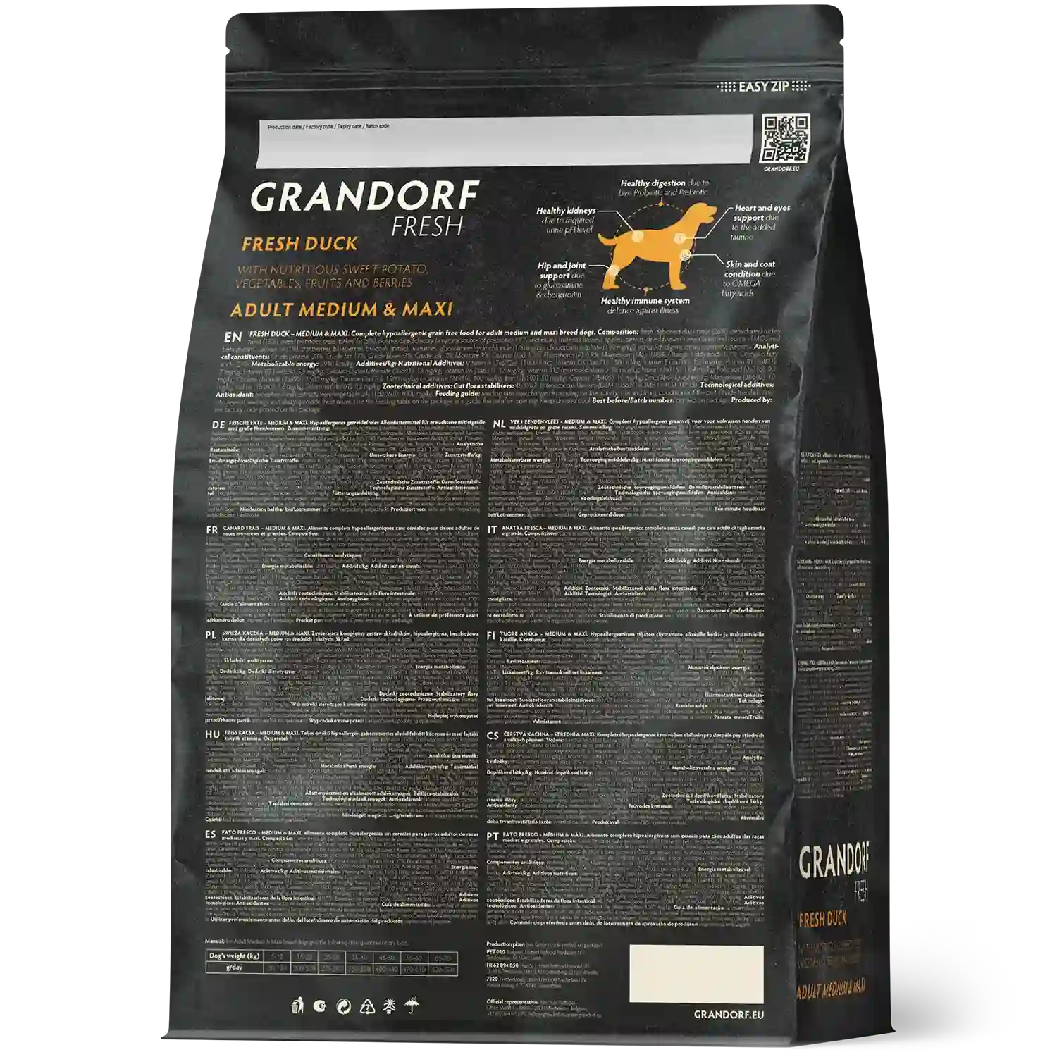 Hrana uscata pentru câini Grandorf, Carne proaspata de rata cu cartof dulce, pentru rase medii si mari, aspect produs