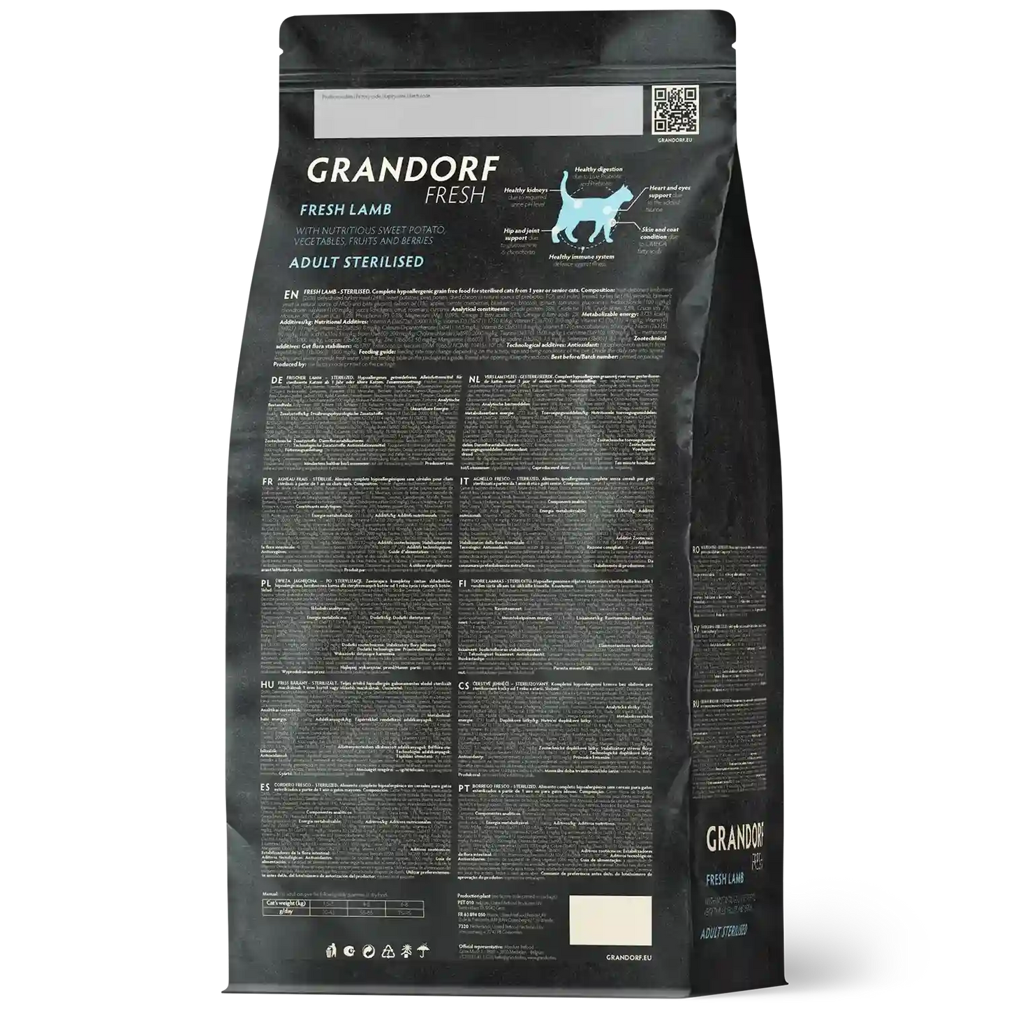Hrana uscata pentru pisici Grandorf, cu carne de miel proaspata si cartofi dulci, pentru pisici sterilizate sau seniori, aspect produs