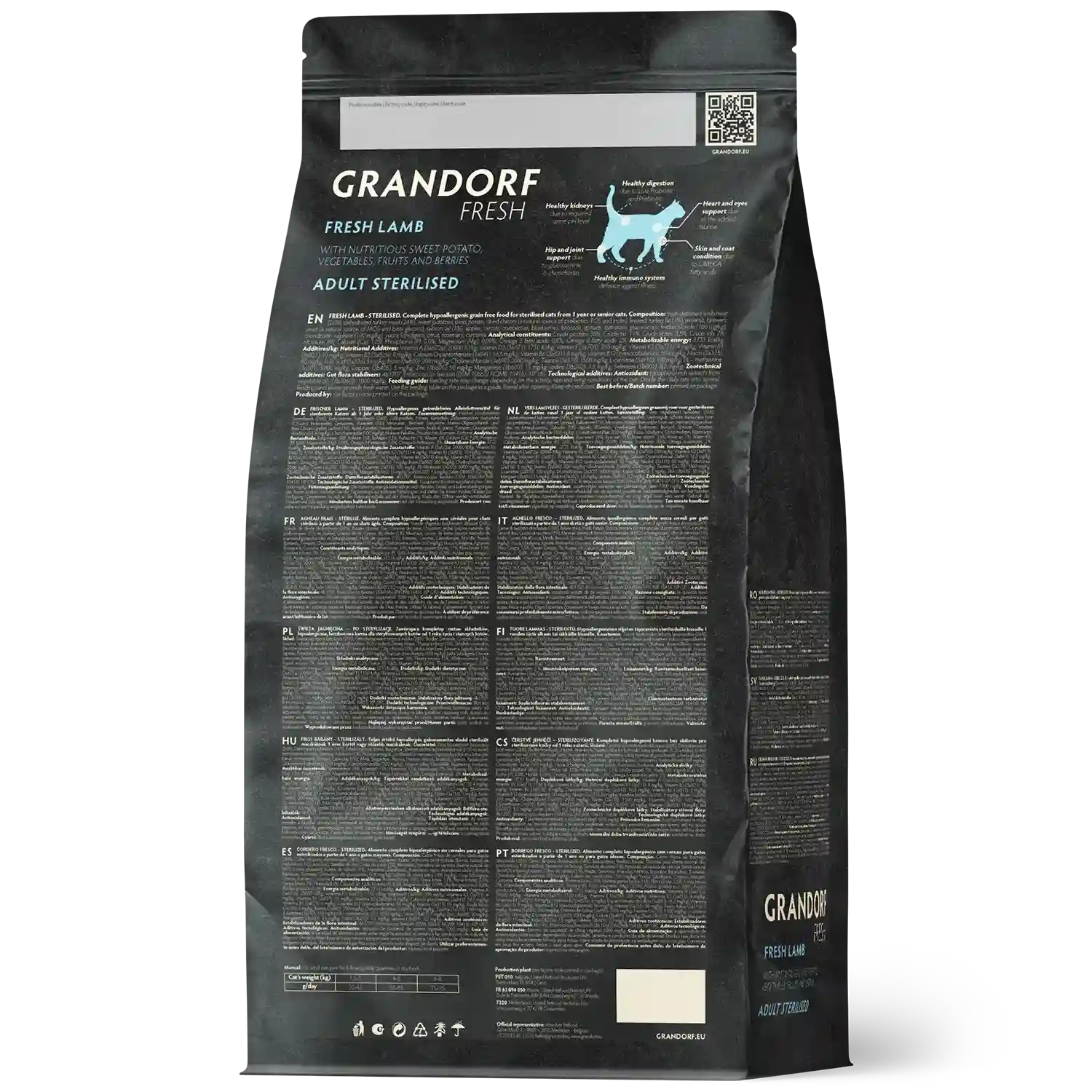 Hrana uscata pentru pisici Grandorf, cu carne de miel proaspata si cartofi dulci, pentru pisici sterilizate sau seniori, aspect produs