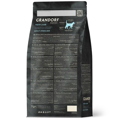 Hrana uscata pentru pisici Grandorf, cu carne de miel proaspata si cartofi dulci, pentru pisici sterilizate sau seniori, aspect produs