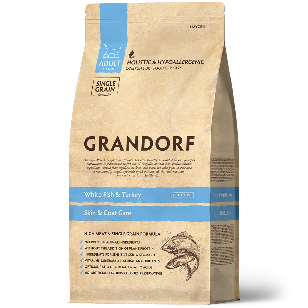 Hrana uscata pentru pisici Grandorf, cu Peste Alb, pentru Pisici Adulti Indoor, Skin & Care