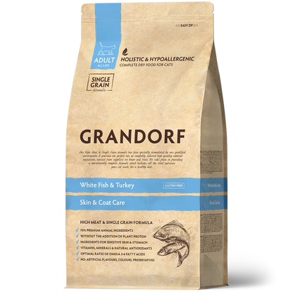 Hrana uscata pentru pisici Grandorf, cu Peste Alb, pentru Pisici Adulti Indoor, Skin & Care