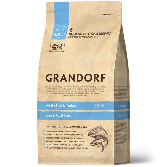 Hrana uscata pentru pisici Grandorf, cu Peste Alb, pentru Pisici Adulti Indoor, Skin & Care