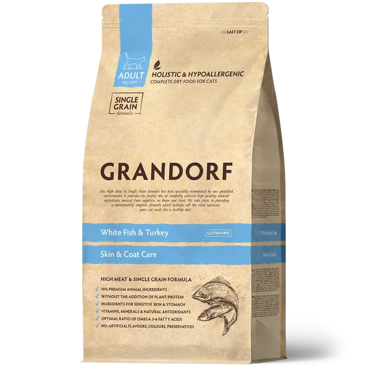Hrana uscata pentru pisici Grandorf, cu Peste Alb, pentru Pisici Adulti Indoor, Skin & Care, ambalaj produs