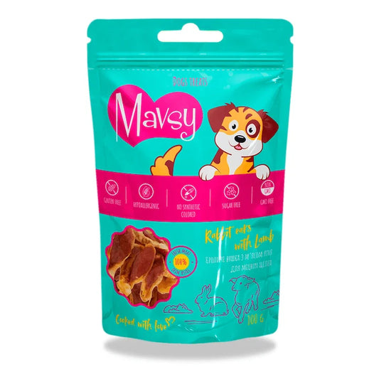 Recompense pentru caini MAVSY, cu urechi de iepure si miel, 100 g