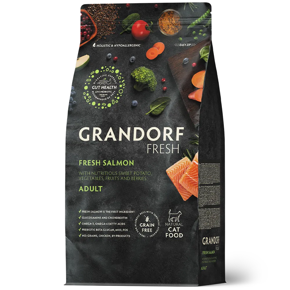 Суха храна за котки Grandorf с пресни филета от сьомга и сладки картофи за възрастни котки