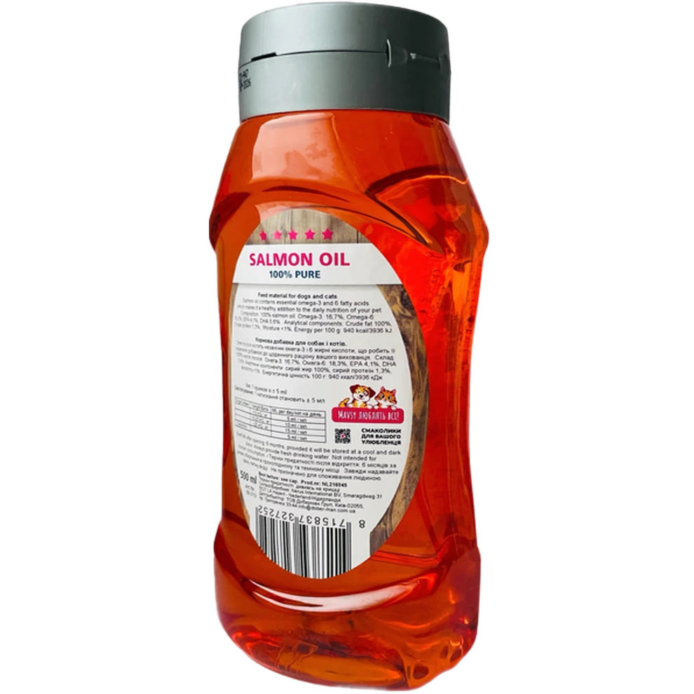 Ulei de somon MAVSY, pentru câini și pisici, 500 ml, produs în utilizare