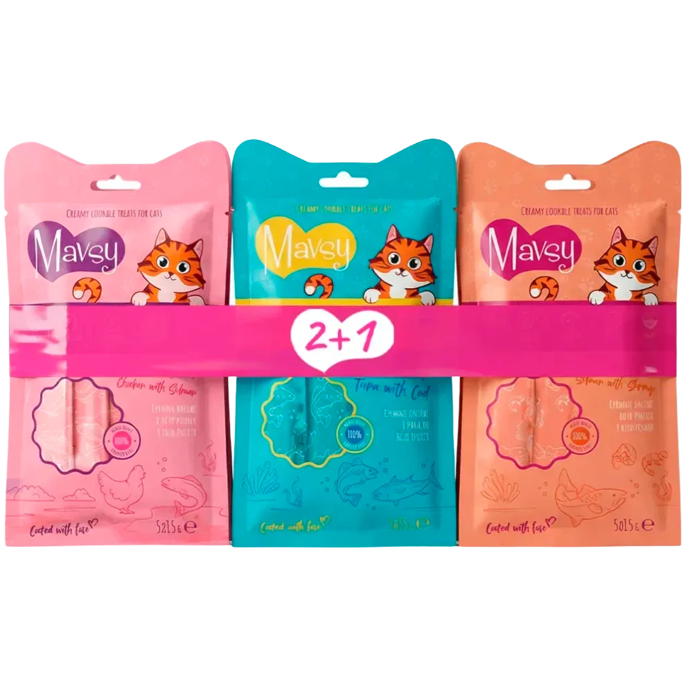 Set din 3 tipuri de delicii cremoase pentru pisici Mavsy CREAMY LICKABLE TREATS