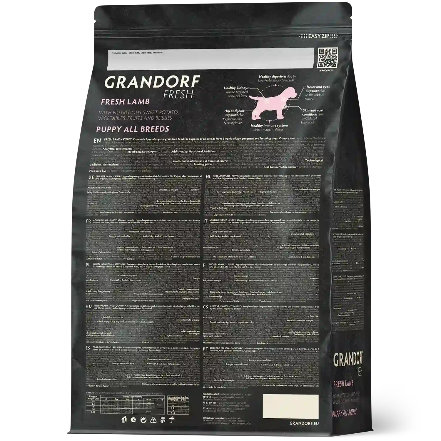 Hrana uscata pentru catei Grandorf, Carne proaspata de miel cu cartof dulce, pentru catei, aspect produs