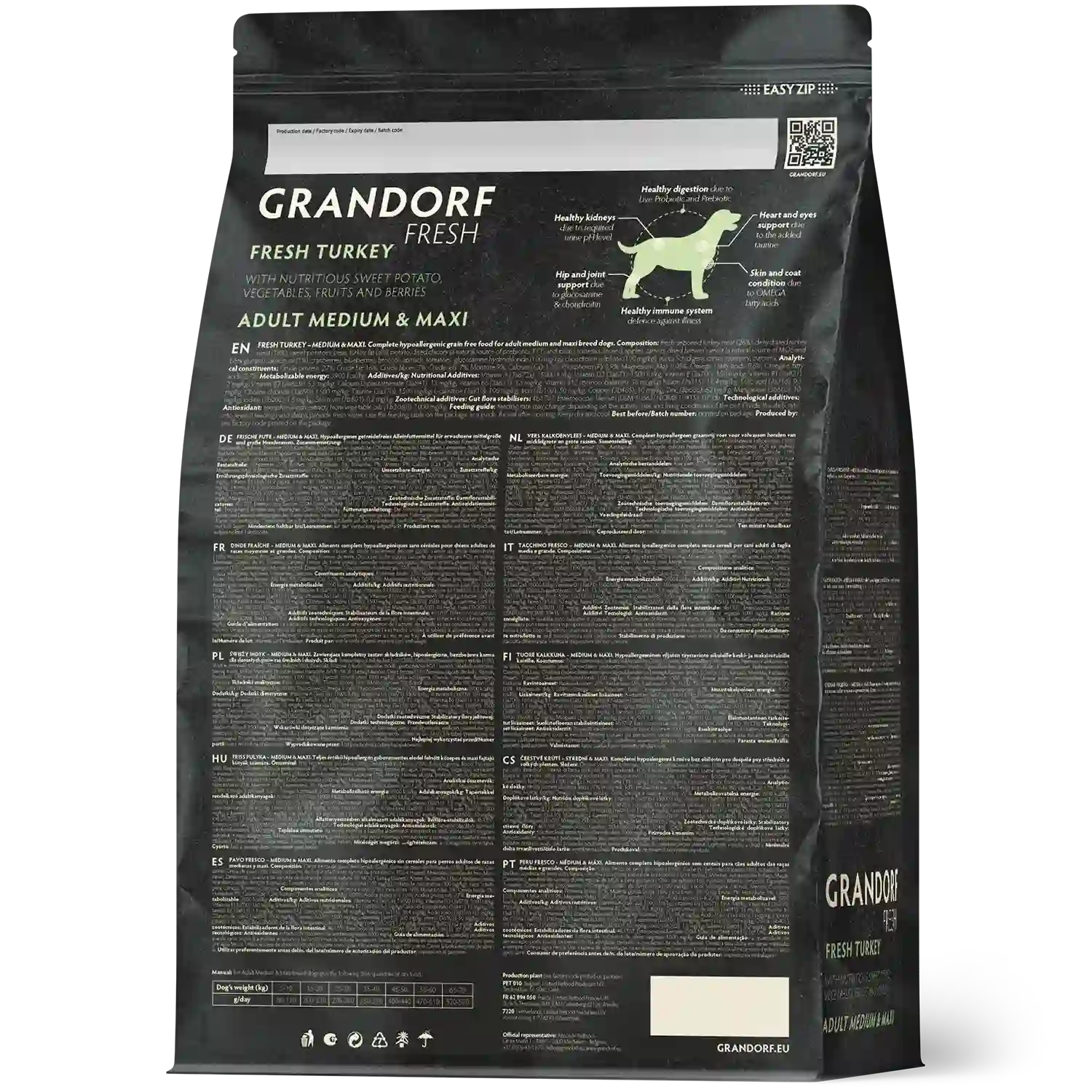 Hrana uscata pentru câini Grandorf, Carne proaspata de curcan cu cartof dulce, pentru rase medii si mari, aspect produs