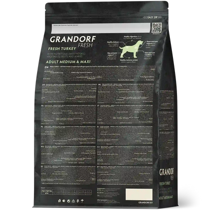Hrana uscata pentru câini Grandorf, Carne proaspata de curcan cu cartof dulce, pentru rase medii si mari, aspect produs