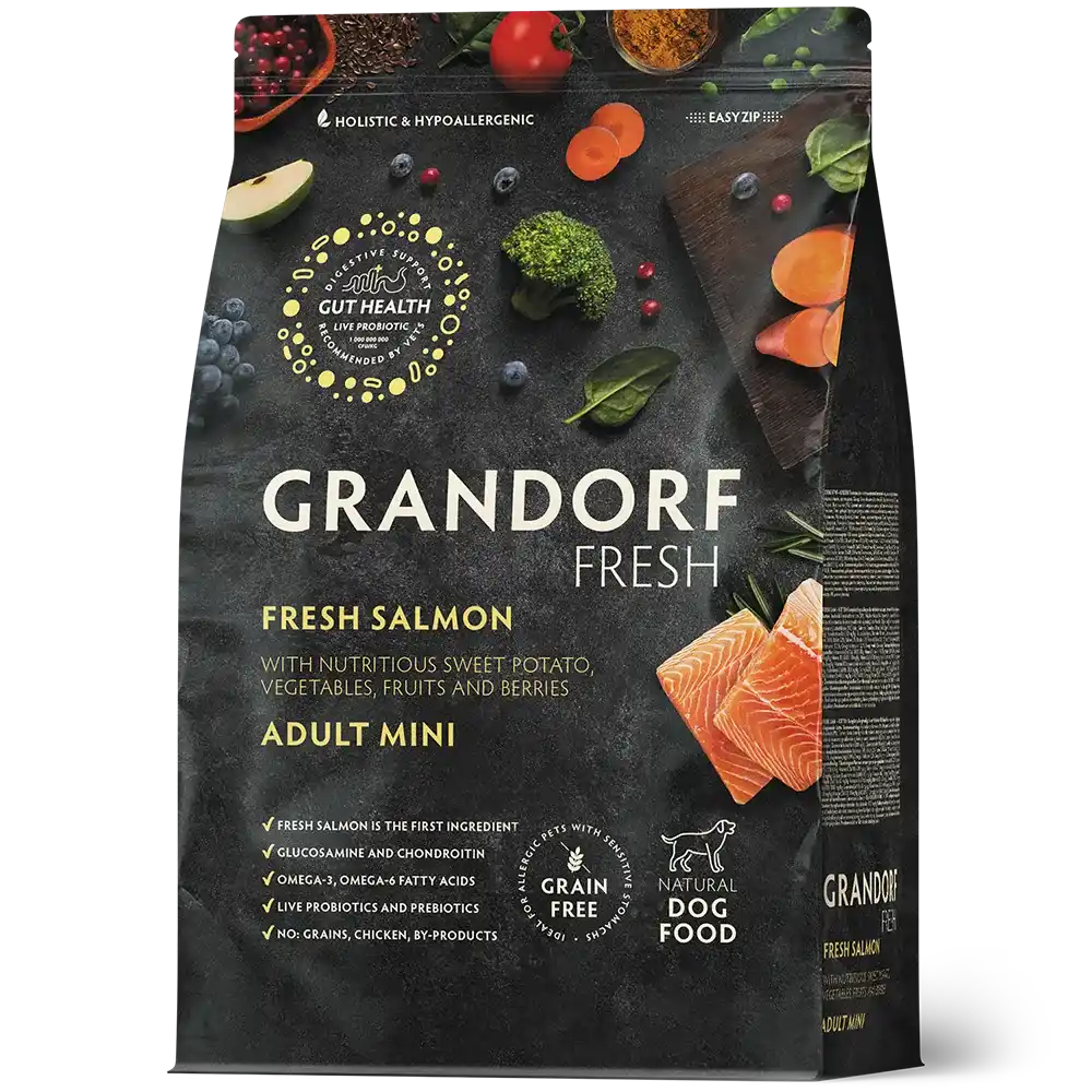 Суха храна за кучета Grandorf, филе от прясна сьомга със сладки картофи, за малки породи