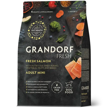 Суха храна за кучета Grandorf, филе от прясна сьомга със сладки картофи, за малки породи