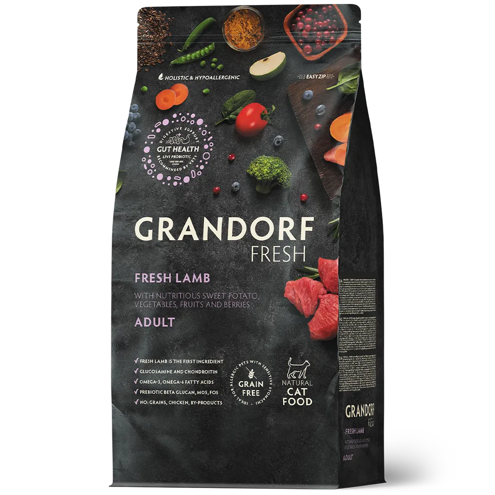 Hrana uscata pentru pisici Grandorf, cu Carne de Miel Proaspata si Cartofi Dulci, pentru Pisici Adulti